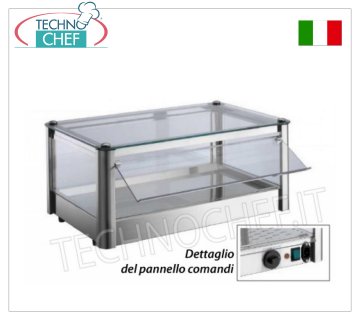 Warm countertop display cases HOT countertop DISPLAY CABINET, with 1 LEVEL, STAINLESS STEEL STRUCTURE, glass on 4 sides, plexiglass FALLING DOORS on operator side, complete with HUMIDIFIER, temperature from +30° to +90°C, suitable for GN 2/3, V containers .230/1, Kw.0.5, dim.mm.370X370X240h