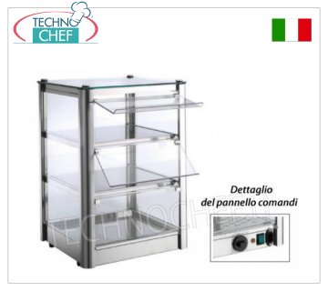 Warm countertop display cases HOT countertop DISPLAY CABINET, with 3 TIERS, STAINLESS STEEL STRUCTURE, glass on 4 sides, plexiglass FALLING DOORS on operator side, complete with HUMIDIFIER, temperature from +30° to +90°C, suitable for GN 2/3, V containers .230/1, Kw.0.5, dim.mm.370X370X540h