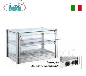 Warm countertop display cases HOT countertop DISPLAY CABINET, with 2 TIERS, STAINLESS STEEL STRUCTURE, glass on 4 sides, plexiglass FALLING DOORS on operator side, complete with HUMIDIFIER, temperature from +30° to +90°C, suitable for GN 1/1, V containers .230/1, Kw.0.5, dim.mm.570X370X390h