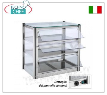Warm countertop display cases HOT countertop DISPLAY CABINET, with 3 TIERS, STAINLESS STEEL STRUCTURE, glass on 4 sides, plexiglass FALLING DOORS on operator side, complete with HUMIDIFIER, temperature from +30° to +90°C, suitable for GN 1/1, V containers .230/1, Kw.0.5, dim.mm.570X370X540h