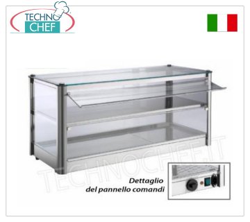 Warm countertop display cases HOT countertop DISPLAY CABINET, with 2 TIERS, STAINLESS STEEL STRUCTURE, glass on 4 sides, plexiglass FALLING DOORS on operator side, complete with HUMIDIFIER, temperature from +30° to +90°C, suitable for GN 1/1+1 containers /2, V.230/1, Kw.1.00, dim.mm.870X370X390h