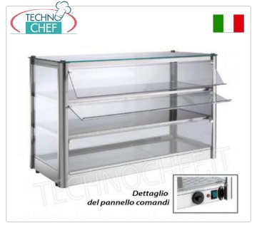 Warm countertop display cases HOT countertop DISPLAY CABINET, with 3 TIERS, STAINLESS STEEL STRUCTURE, glass on 4 sides, plexiglass FALLING DOORS on operator side, complete with HUMIDIFIER, temperature from +30° to +90°C, suitable for GN 1/1+1 containers /2, V.230/1, Kw.1.00, dim.mm.870X370X540h