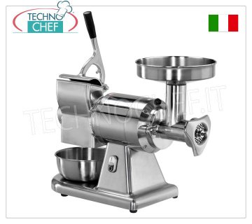 FIMAR - ''Type 12'' Meat Mincer-Grater, Professional, Totally REMOVABLE Stainless Steel Meat Grinding Group, Mod.12/AT Combined Meat Mincer / Grater Type 12 in polished aluminum with hopper and stainless steel basins, FULLY REMOVABLE stainless steel meat mincer unit, V. 400/3+N, Kw 0.75, dim. mm 605x305x510h