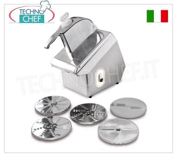 Professional Electric Tabletop Vegetable Cutter + Disc Kit DF2-DTV-DT09-DQ04-DT07, TITANIUM Line Electric table cutter with disc kit DF2-DTV-DT09-DQ04-DT07, TITANIUM line, steel structure and folding and removable aluminum cover, production 200 Kg/h, V.230/1, Kw.0.55, Weight 27 Kg, dim.mm.261x604x522h