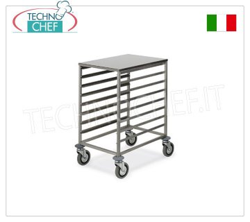 TROLLEY Pizza-Pastry tray rack for 8 60x40 cm TRAYS with work surface TRAY RACK TROLLEY with TOP STAINLESS SUPPORT SURFACE (mm 455x650), with ''L'' shaped guides for 8 TRAYS measuring 600x400 mm, dim.mm.520x720x850h