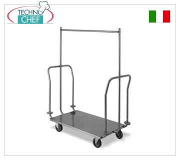 Technochef - CLOTHES HANGER TROLLEYS and LUGGAGE RACKS with CLOTHES HANGER and 2 Sides, art. 1795 Clothes and luggage trolley, top in AISI 304 18/10 stainless steel sheet, brushed finish, coat hanger structure in chromed steel tube, gray rubber bumper rings at the corners, dim cm. 111x57x153h