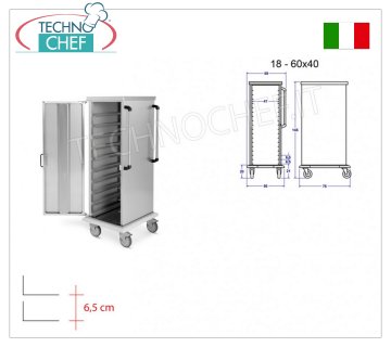 Neutral cabinet trolley for 18 pizza/pastry trays 60x40 cm - L-shaped guides - 6.5 cm pitch Neutral cabinet trolley for 18 pizza/pastry trays 60x4 cm with L-shaped guides - 6.5 cm pitch, dimensions 590x770x1450h mm