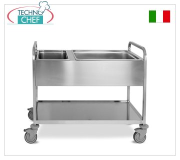 Stainless steel disposal trolley for separate waste collection Trolley for separate waste collection in 18/10 stainless steel, top with 1 GN 2/1 tray 200mm high and 2 GN 1/2 trays 20cm high, lower shelf, dim.mm 1050x620x1050h