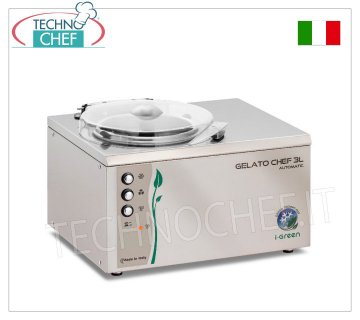 Semi-professional stainless steel batch freezer, Chef I-Green Series, 3 lt capacity, mod. GELATOCHEF3LAUTOMATIC Semi-professional countertop batch freezer for ice cream and sorbet, air cooling, stainless steel body and blade, production 3.0 litres/h, cycle duration 20-25 min, V.230/1, kw 0.16, weight 15.6 Kg, dimensions 400x345x310h mm