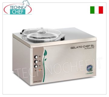 Semi-professional stainless steel batch freezer, Chef I-Green Series, 4.5 lt capacity, mod. GELATOCHEF5LAUTOMATIC Semi-professional countertop batch freezer for ice cream and sorbet, air cooling, stainless steel body and blade, production 4.5 litres/h, cycle duration 20-25 min, V.230/1, kw 0.25, weight 22 kg, dimensions 450x345x330h mm