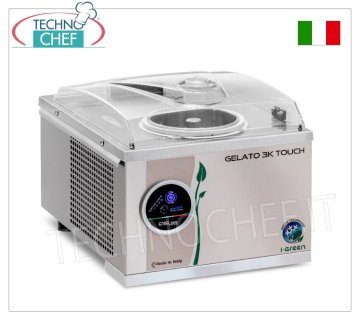 Professional stainless steel batch freezer, super-automatic, Touch i-Green series, capacity 4.8 lt, mod. GELATO3KTOUCH Professional countertop batch freezer for ice cream and sorbet, air cooling, stainless steel body and blade, PRODUCTION 4.80 litres/h, cycle duration 12-15 min, V.230/1, kw 0.28, Weight 21.6 Kg, dimensions 340x430x283h mm