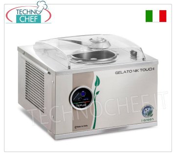 Professional stainless steel batch freezer, super-automatic, Touch i-Green series, capacity 5.6 lt, mod. GELATO4KTOUCH Professional countertop batch freezer for ice cream and sorbet, air cooling, stainless steel body and blade, PRODUCTION 5.60 litres/h, cycle duration 12-15 min, V.230/1, kw 0.32, Weight 26.2 Kg, dimensions 415x430x310h mm