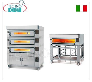 Electric modular pizza oven, EURO CLASSIC line, chamber for 8 pizzas measuring 123x63 cm entirely in refractory material MODULAR electric pizza oven, for 8 pizzas diam. 300 mm, version with STAINLESS STEEL FRONT, CHAMBER COMPLETELY in REFRACTORY mm 1230x630x170h, V.400/3, Kw.8,5, Weight 200 Kg, external dimensions mm 1620x960x400h