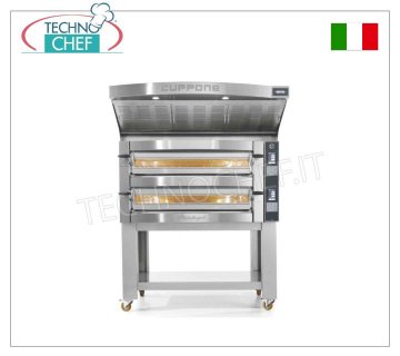 CUPPONE - Electric oven for 4 pizzas, Ø 35 cm - CHAMBER 720x720x140 cm, mod. MICHELANGELO Electric oven for 4 PIZZAS, stainless steel chamber, 72x72x14h cm, cordierite brick hob, Michelangelo line, available in 2 versions with digital controls or touch screen, V. 380/3+N, 5.8 kW, weight 140 kg, dim. mm. ﻿1190x1100x440h