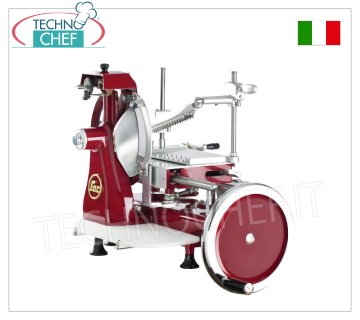 FAC - AFFETTATRICE  MANUALE a VOLANO, lama Ø 250 mm, Professionale Affettatrice manuale a VOLANO Verticale Salumi, lama diametro 250 mm, Colori di Serie: ROSSO, NERO, CREMA o Personalizzabile su richiesta,  dim.mm.520x680x510h.