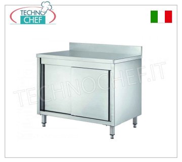 Stainless steel wardrobe table with sliding doors and splashback, 70 cm deep Neutral stainless steel cabinet table, professional with upstand, sliding doors and adjustable intermediate shelf, dim. mm 1000x700x950h