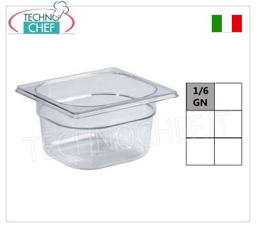 Gastronorm GN 1/6 containers in polycarbonate Gastro-norm 1/6 polycarbonate tray, capacity 1.0 litres, dim.mm.176 x 162 x 65 h