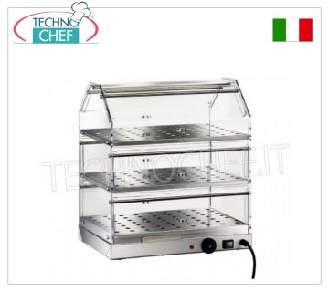 Warm countertop display cases HOT countertop DISPLAY CABINET, with 3 TIERS, stainless steel structure, sides and drop doors on the 2 fronts in transparent plexiglass, complete with humidifier, temperature from +30° to +90°C, V.230/1, Kw. 0.40, dim.mm.500x350x540h