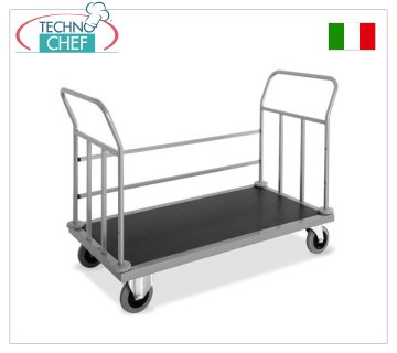 Technochef - LUGGAGE / SUITCASE TROLLEY with sides on 3 sides, art. 1894-2 LUGGAGE TROLLEY in sheet metal and steel tube painted in aluminum colour, base covered in carpet, containment bars on 1 side and ring bumpers, dim.mm.1440x660x950h