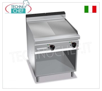 ELECTRIC GRIDDLE with MULTIPAN PLATE 1/2 SMOOTH and 1/2 RIBBED, Mod.E9FM8M-2 ELECTRIC GRIDDLE with 1/2 SMOOTH and 1/2 RIBBED PLATE, BERTOS, MAXIMA 900 Line, MULTIPAN Series, DOUBLE module on OPEN CABINET with 796x667 mm COOKING AREA, INDEPENDENT CONTROLS, V.400/3+N, Kw. 11.4, weight 109 kg, dim.mm.800x900x900h