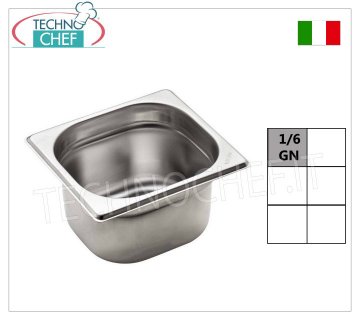 Gastronorm GN 1/6 pans in stainless steel Gastro-norm 1/6 basin, 18/10 stainless steel, capacity 1.6 litres, dim.mm.176 x 162 x 100 h