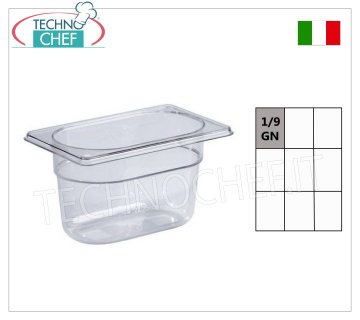 Gastronorm GN 1/9 pan in polycarbonate Gastronorm 1/9 basin in polycarbonate, capacity 0.9 litres, dim.mm.176 x 108 x 65 h