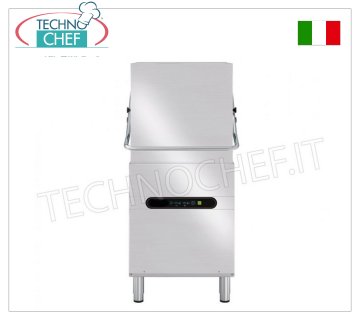 TECHNOCHEF - Hood dishwasher, digital controls, max 60 baskets/hour DISHWASHER with LIFT HOOD in POWERED VERSION with 600x500 mm SQUARE rack, 4 cycles of 60/90/120/240 sec, max yield of 60 racks/hour, electric detergent and rinse aid dispenser, V.400/3+N, Kw .6,74, weight 162 Kg, dim.mm.720x770x1900h