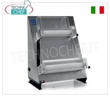 Pizza stretcher with 2 pairs of 400 mm parallel rollers, mod 2300/L40P PIZZA-PIADINA ROLLER in STAINLESS STEEL with 2 PAIRS of ADJUSTABLE PARALLEL ROLLERS for MAXIMUM PRECISION of the desired thickness, max. pizza/piadina diameter. 400 mm, for 50/1000 gram loaves, V 230/1, kw 0.50, dimensions 520x520x690h mm