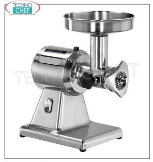 Type 12 meat mincer, stainless steel meat grinding unit, yield 160 kg/hour, single phase V. 230/1 'TYPE 12' meat mincer with loading mouth diameter 52 mm, YIELD 160 Kg/h, REMOVABLE stainless steel meat grinding unit, see 230/1, Kw 0.75, dim. mm 400x250x500h