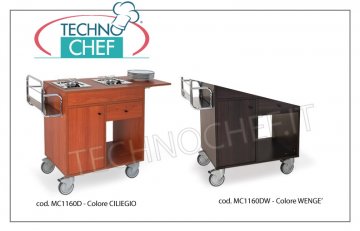 Metalcarrelli - FLAMBE TROLLEY with 2 separate burners, cherry color, Mod.1160D Flambè trolley with 2 separate burners, Bottle rack, Side flap, cutlery drawer, cylinder compartment with door, cherry color, dim. 980x500x800h